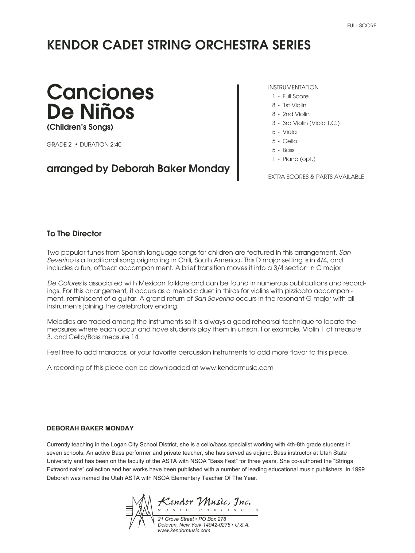 Learn to play Deborah Baker Monday Canciones De Ninos - Full Score sheet music for Orchestra in minutes. Deborah Baker Monday Canciones De Ninos - Full Score sheet music notes and chords. Download Printable PDF.