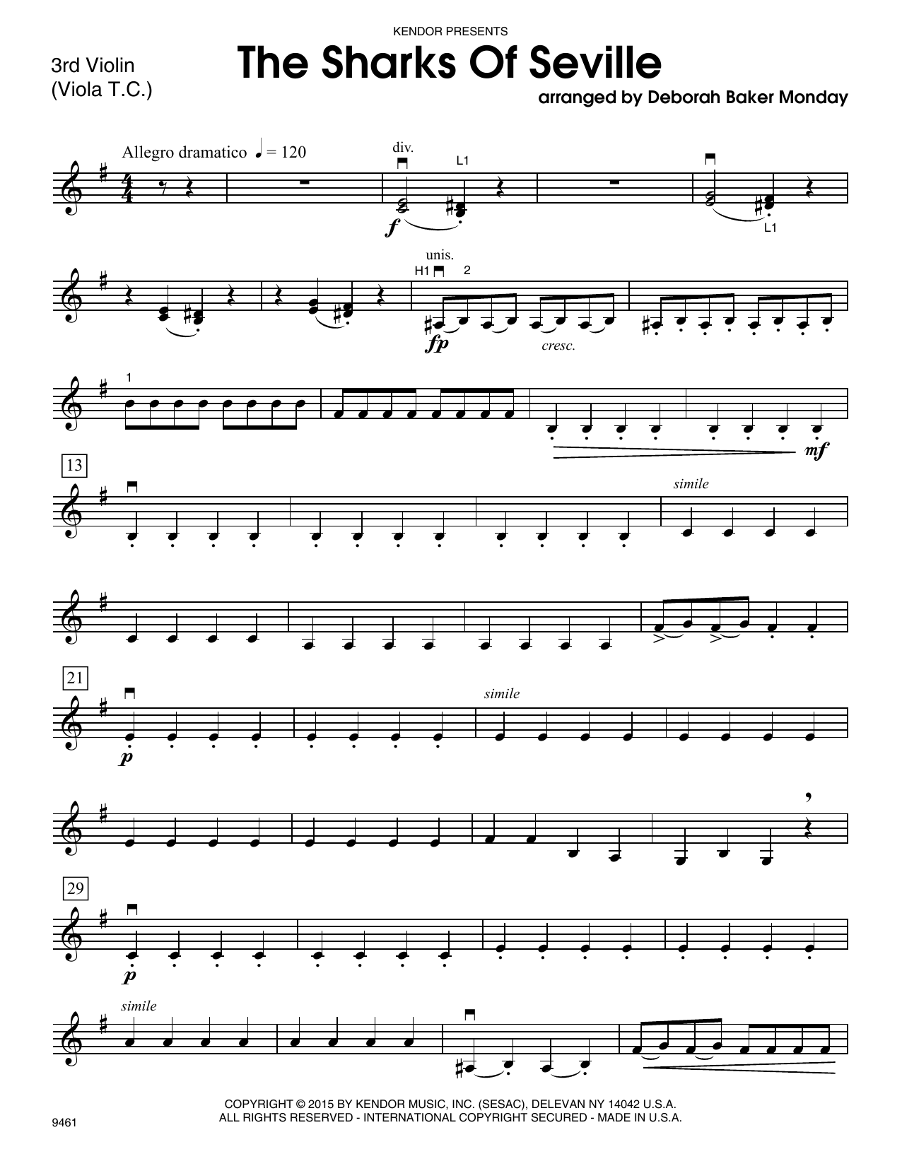 Learn to play Deborah Baker Monday The Sharks Of Seville - Violin 3 (Viola T.C.) sheet music for Orchestra in minutes. Deborah Baker Monday The Sharks Of Seville - Violin 3 (Viola T.C.) sheet music notes and chords. Download Printable PDF.
