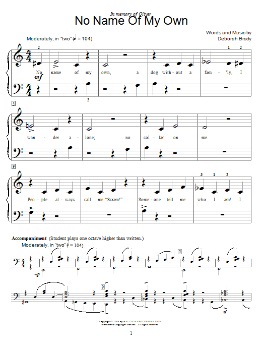 Learn to play Deborah Brady No Name Of My Own sheet music for Educational Piano in minutes. Price: 6.9900$ Deborah Brady No Name Of My Own sheet music notes and chords arranged for Educational Piano