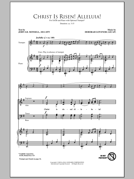 Learn to play Deborah Governor Christ Is Risen! Alleluia! sheet music for SATB Choir in minutes. Price: 3.9900$ Deborah Governor Christ Is Risen! Alleluia! sheet music notes and chords arranged for SATB Choir
