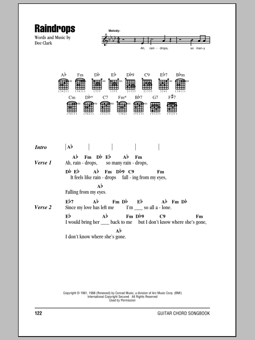 Learn to play Dee Clark Raindrops sheet music for Easy Lead Sheet / Fake Book in minutes. Price: 5.9900$ Dee Clark Raindrops sheet music notes and chords arranged for Easy Lead Sheet / Fake Book