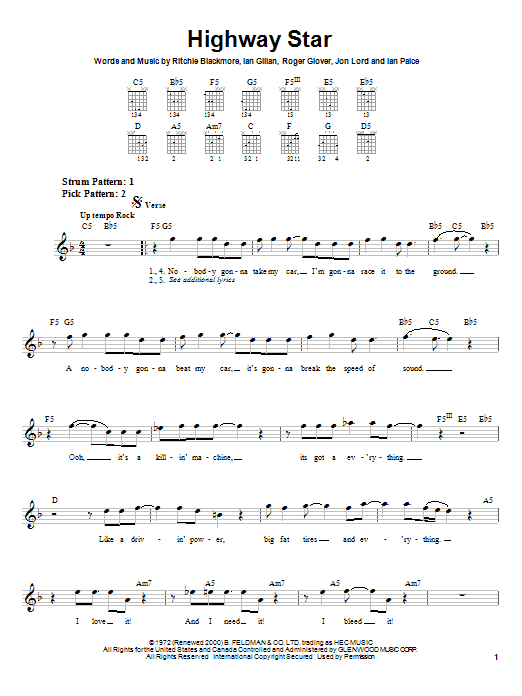 Deep Purple Highway Star sheet music notes and chords. Download Printable PDF.