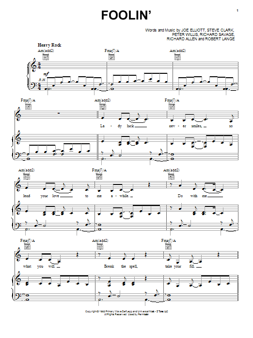 Def Leppard Foolin' sheet music notes and chords. Download Printable PDF.