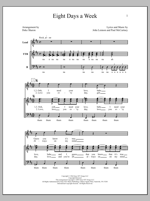Learn to play Deke Sharon Eight Days A Week sheet music for TTBB Choir in minutes. Price: 3.9900$ Deke Sharon Eight Days A Week sheet music notes and chords arranged for TTBB Choir