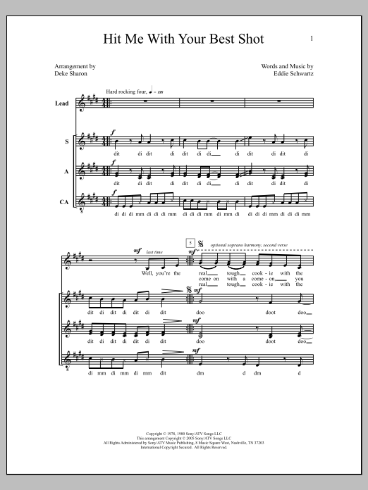 Learn to play Deke Sharon Hit Me with Your Best Shot sheet music for SAT Choir in minutes. Price: 3.9900$ Deke Sharon Hit Me with Your Best Shot sheet music notes and chords arranged for SAT Choir
