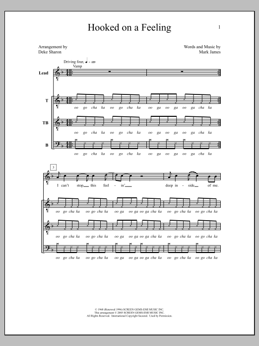 Learn to play Deke Sharon Hooked On A Feeling sheet music for TTBB Choir in minutes. Price: 3.9900$ Deke Sharon Hooked On A Feeling sheet music notes and chords arranged for TTBB Choir