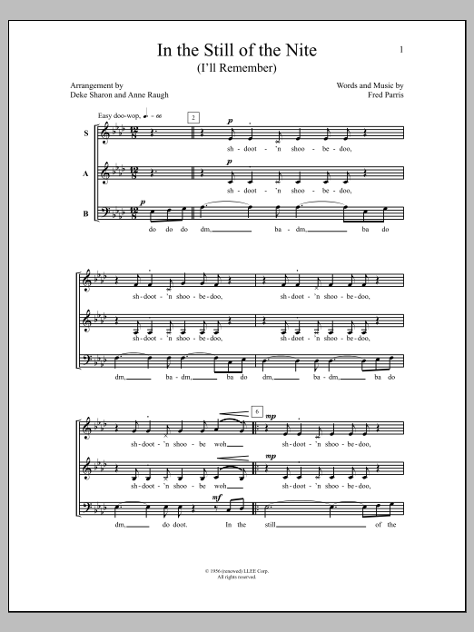 Learn to play Deke Sharon In The Still Of The Nite (I'll Remember) sheet music for SAB Choir in minutes. Price: 3.9900$ Deke Sharon In The Still Of The Nite (I'll Remember) sheet music notes and chords arranged for SAB Choir