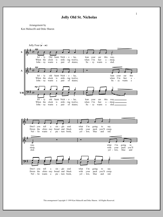 Learn to play Deke Sharon Jolly Old St. Nicholas sheet music for SATB Choir in minutes. Price: 3.9900$ Deke Sharon Jolly Old St. Nicholas sheet music notes and chords arranged for SATB Choir