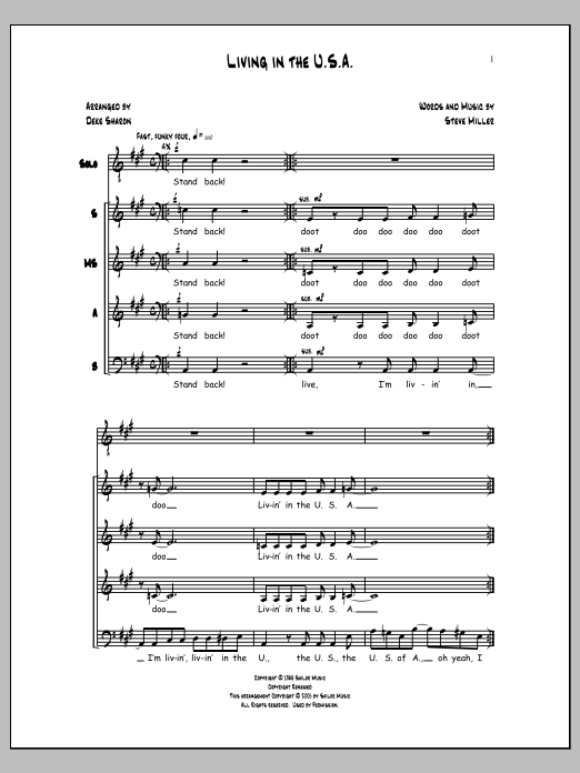 Learn to play Deke Sharon Living in the U.S.A. sheet music for SSAB Choir in minutes. Price: 3.9900$ Deke Sharon Living in the U.S.A. sheet music notes and chords arranged for SSAB Choir