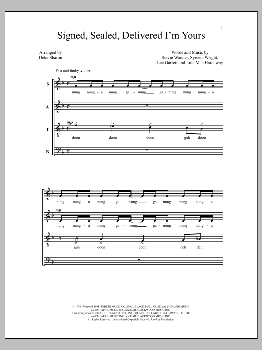 Learn to play Deke Sharon Signed, Sealed, Delivered I'm Yours sheet music for TTBB Choir in minutes. Price: 3.9900$ Deke Sharon Signed, Sealed, Delivered I'm Yours sheet music notes and chords arranged for TTBB Choir