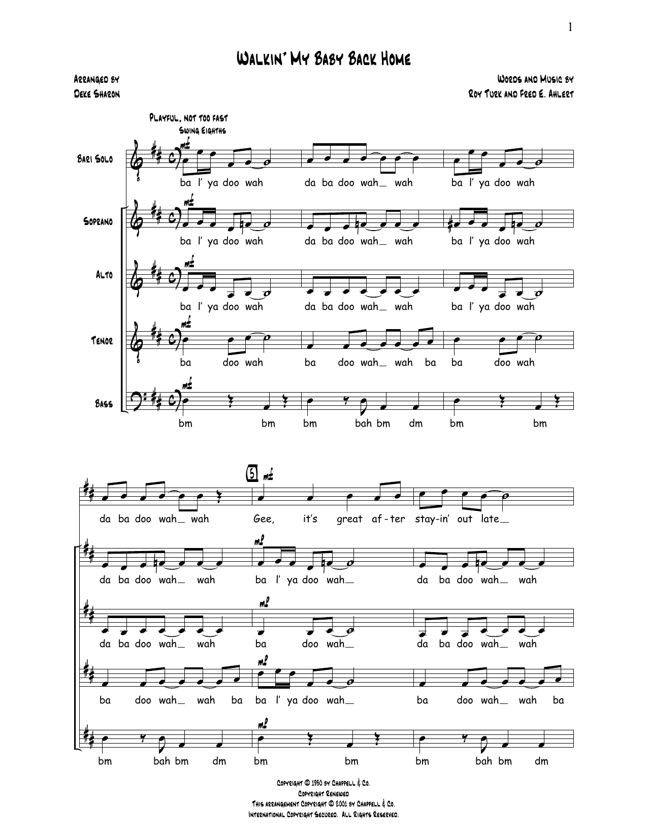 Learn to play Deke Sharon Walkin' My Baby Back Home sheet music for SATB Choir in minutes. Price: 3.9900$ Deke Sharon Walkin' My Baby Back Home sheet music notes and chords arranged for SATB Choir
