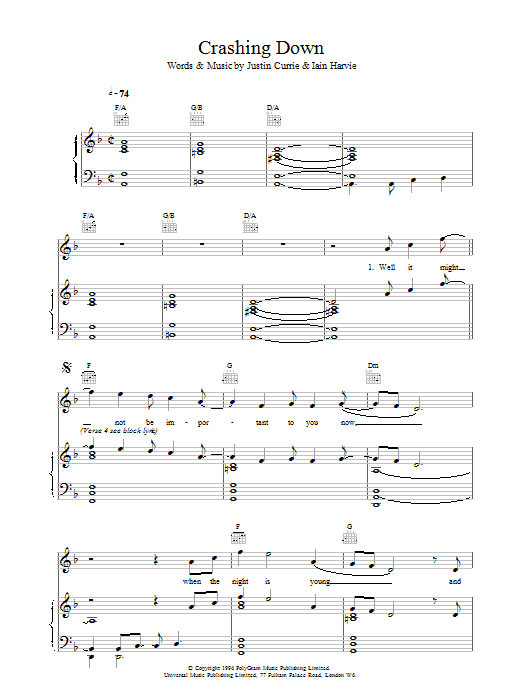 Del Amitri Crashing Down sheet music notes and chords. Download Printable PDF.