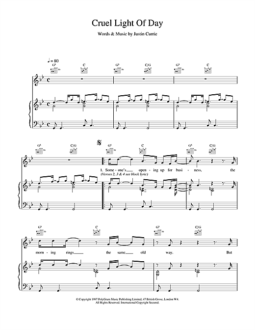 Preview Del Amitri Cruel Light Of Day Rock sheet music, notes and chords for Piano, Vocal & Guitar (Right-Hand Melody), SKU: 17139 sheet music, piano notes, chords, guitar tabs, score, transpose, transcribe, how to play, guide, download, learn, tutorial, progression, song, artist, awards, billboard, mtv, vh1, tour, single, album, release