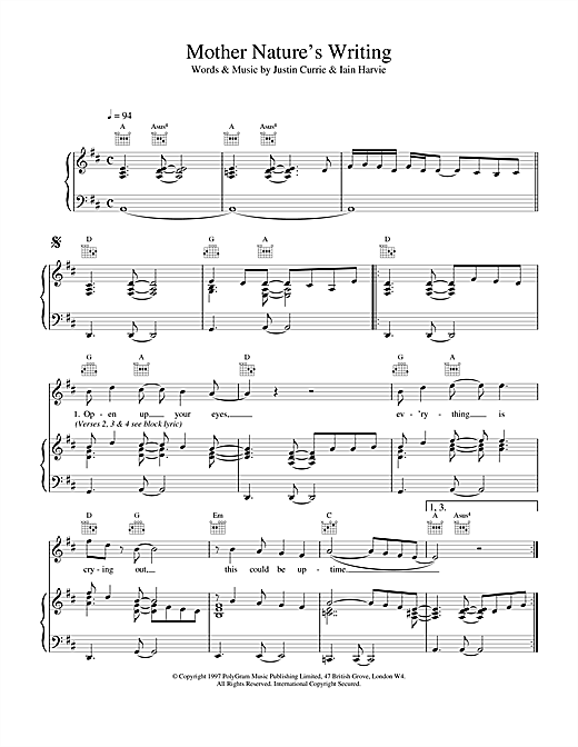 Learn to play Del Amitri Mother Nature's Writing sheet music for Piano, Vocal & Guitar (Right-Hand Melody) in minutes. Del Amitri Mother Nature's Writing sheet music notes and chords. Download Printable PDF.
