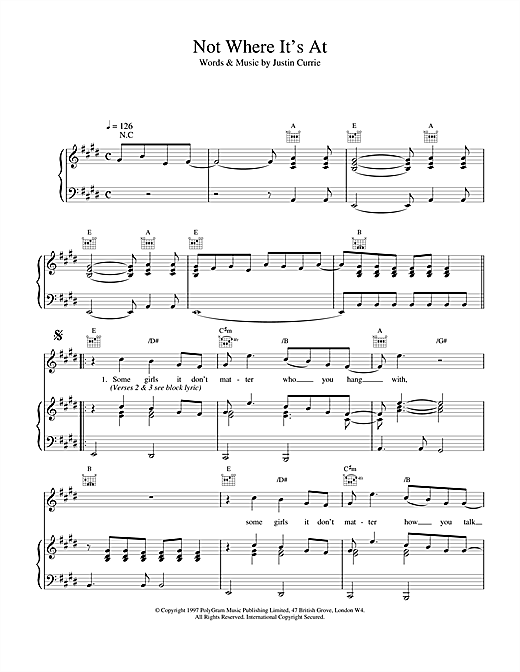 Preview Del Amitri Not Where It's At Rock sheet music, notes and chords for Piano, Vocal & Guitar (Right-Hand Melody), SKU: 17148 sheet music, piano notes, chords, guitar tabs, score, transpose, transcribe, how to play, guide, download, learn, tutorial, progression, song, artist, awards, billboard, mtv, vh1, tour, single, album, release