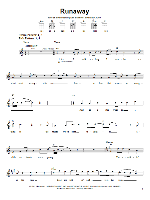 Del Shannon Runaway sheet music notes and chords. Download Printable PDF.
