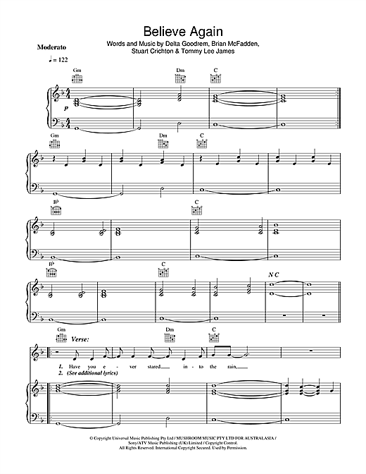 Learn to play Delta Goodrem Believe Again sheet music for Piano, Vocal & Guitar in minutes. Delta Goodrem Believe Again sheet music notes and chords. Download Printable PDF.