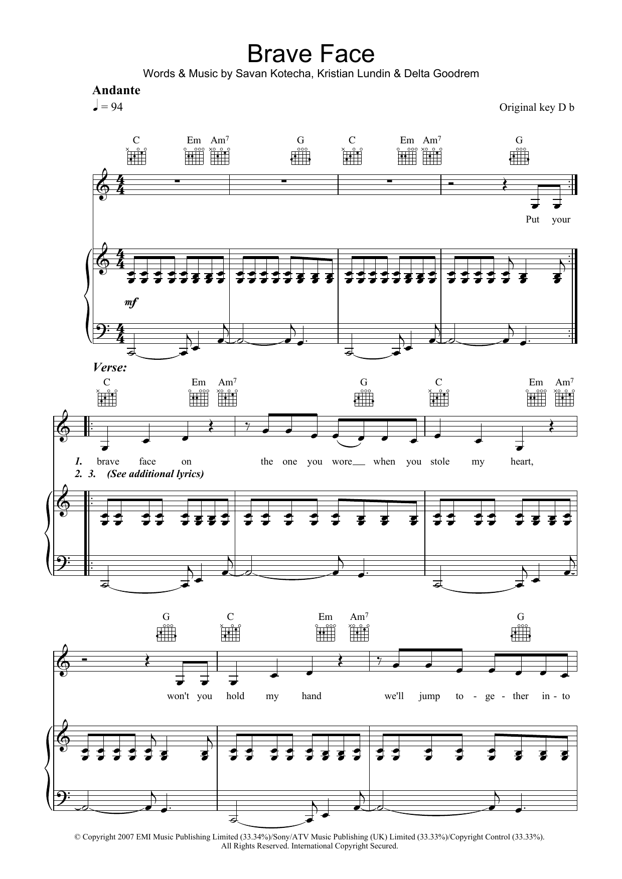 Delta Goodrem Brave Face sheet music notes and chords. Download Printable PDF.
