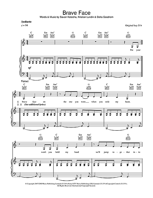 Learn to play Delta Goodrem Brave Face sheet music for Piano, Vocal & Guitar in minutes. Price: 7.8900$ Delta Goodrem Brave Face sheet music notes and chords. Download Printable PDF.