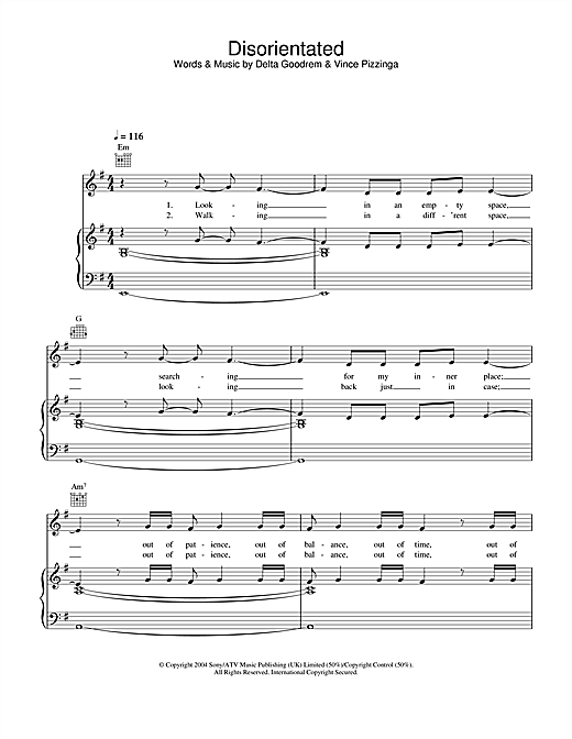 Delta Goodrem Disorientated sheet music notes and chords. Download Printable PDF.