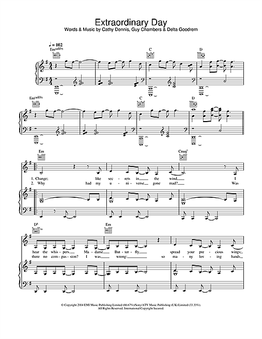 Delta Goodrem Extraordinary Day sheet music notes and chords. Download Printable PDF.