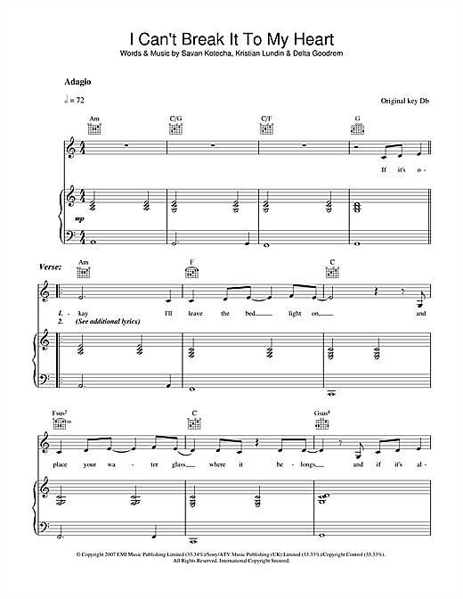 Delta Goodrem I Can't Break It To My Heart sheet music notes and chords. Download Printable PDF.