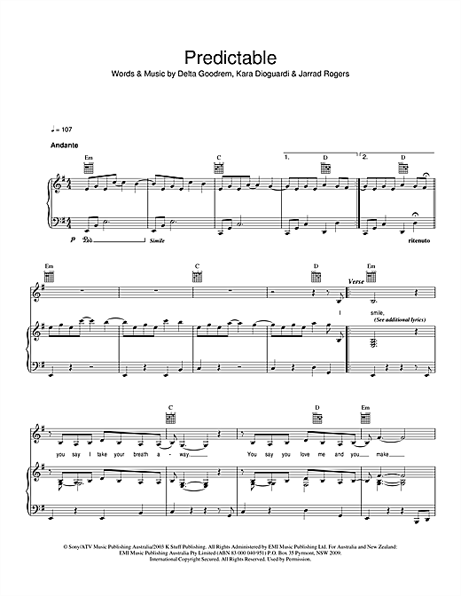 Delta Goodrem Predictable sheet music notes and chords. Download Printable PDF.