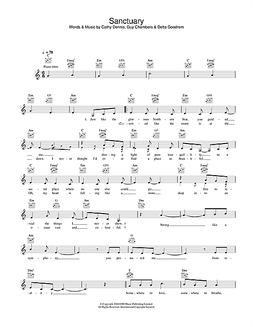 Learn to play Delta Goodrem Sanctuary sheet music for Lead Sheet / Fake Book in minutes. Delta Goodrem Sanctuary sheet music notes and chords. Download Printable PDF.