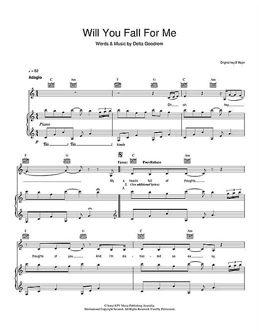 Learn to play Delta Goodrem Will You Fall For Me sheet music for Piano, Vocal & Guitar in minutes. Delta Goodrem Will You Fall For Me sheet music notes and chords. Download Printable PDF.