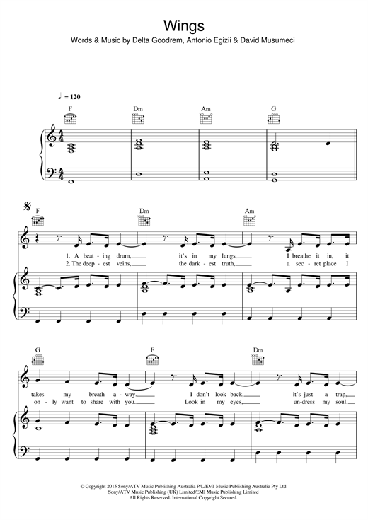 Learn to play Delta Goodrem Wings sheet music for Lead Sheet / Fake Book in minutes. Price: 5.9900$ Delta Goodrem Wings sheet music notes and chords arranged for Lead Sheet / Fake Book