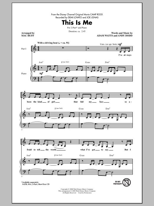 Demi Lovato & Joe Jonas This Is Me (from Camp Rock) (arr. Mac Huff) sheet music notes and chords. Download Printable PDF.