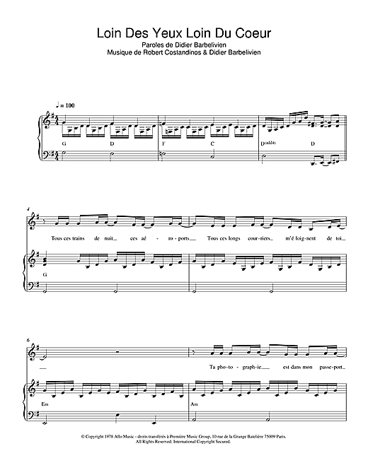 Demis Roussos Loin Des Yeux Loin Du Coeur sheet music notes and chords arranged for Piano & Vocal