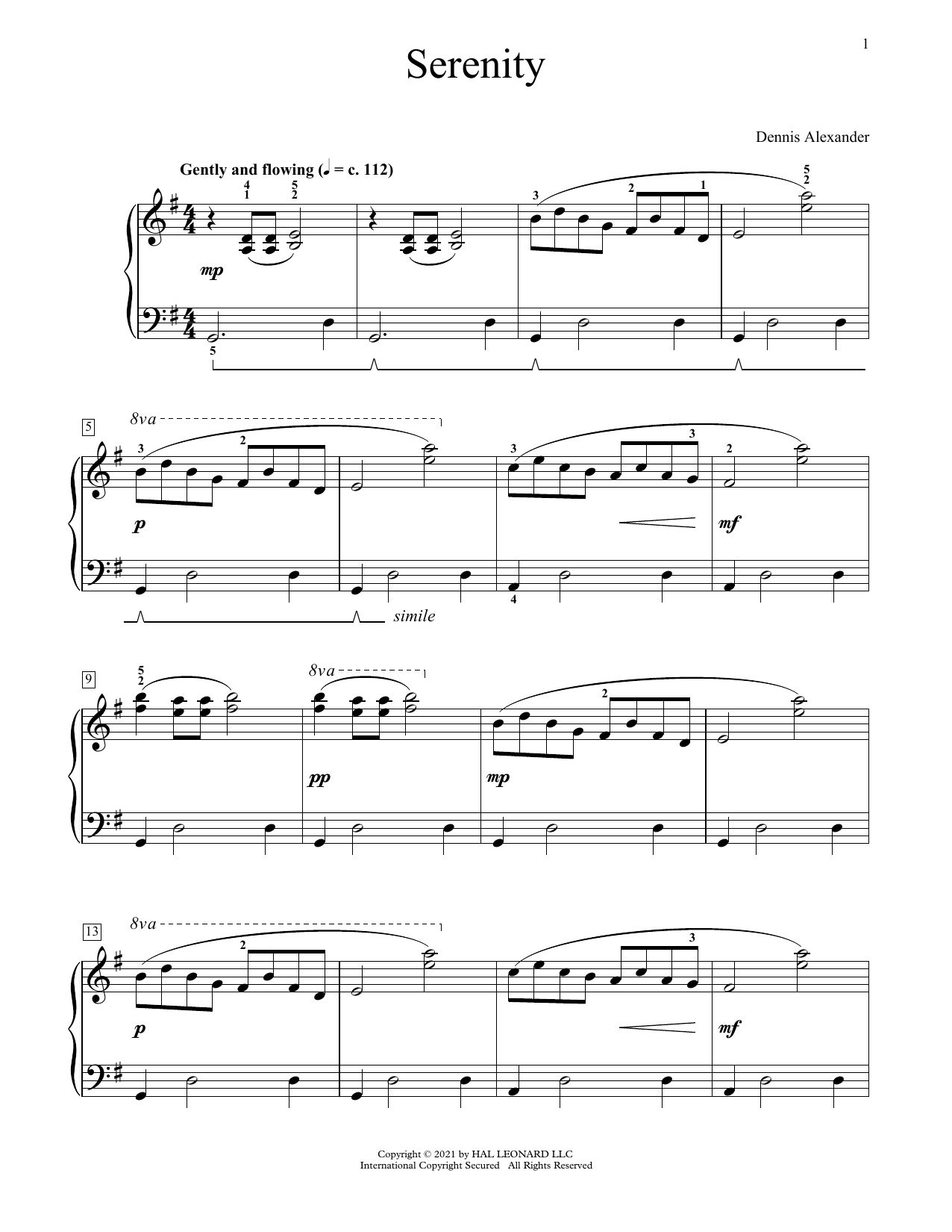 Dennis Alexander Serenity sheet music notes and chords. Download Printable PDF.