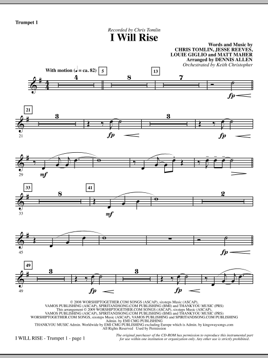 Learn to play Dennis Allen I Will Rise - Bb Trumpet 1 sheet music for Choir Instrumental Pak in minutes. Dennis Allen I Will Rise - Bb Trumpet 1 sheet music notes and chords. Download Printable PDF.