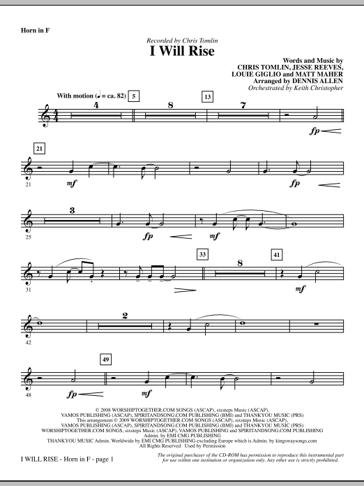 Learn to play Dennis Allen I Will Rise - F Horn sheet music for Choir Instrumental Pak in minutes. Dennis Allen I Will Rise - F Horn sheet music notes and chords. Download Printable PDF.