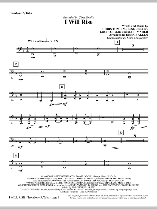 Preview Dennis Allen I Will Rise - Trombone 3/Tuba Christian sheet music, notes and chords for Choir Instrumental Pak, SKU: 284329 sheet music, piano notes, chords, guitar tabs, score, transpose, transcribe, how to play, guide, download, learn, tutorial, progression, song, artist, awards, billboard, mtv, vh1, tour, single, album, release