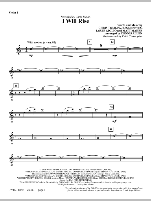 Learn to play Dennis Allen I Will Rise - Violin 1 sheet music for Choir Instrumental Pak in minutes. Dennis Allen I Will Rise - Violin 1 sheet music notes and chords. Download Printable PDF.