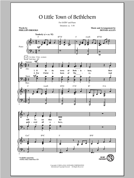 Learn to play Dennis Allen O Little Town of Bethlehem sheet music for SATB Choir in minutes. Price: 3.9900$ Dennis Allen O Little Town of Bethlehem sheet music notes and chords arranged for SATB Choir