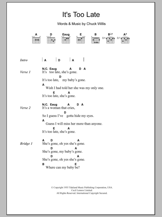 It's Too Late Sheet Music by Derek & the Dominos | Guitar Chords/Lyrics