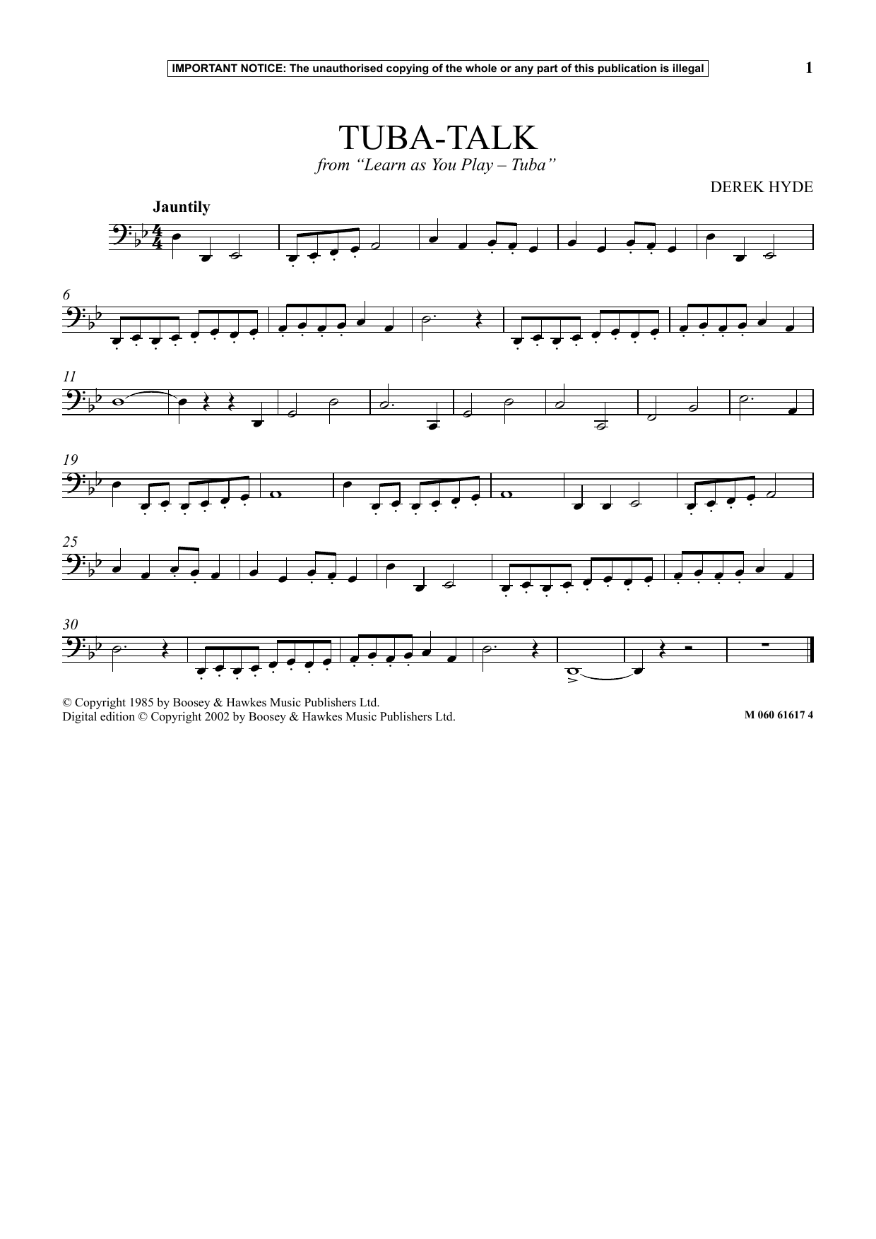 Learn to play Derek Hyde Tuba Talk (from Learn As You Play Tuba) sheet music for Instrumental Solo in minutes. Price: 5.9900$ Derek Hyde Tuba Talk (from Learn As You Play Tuba) sheet music notes and chords arranged for Instrumental Solo