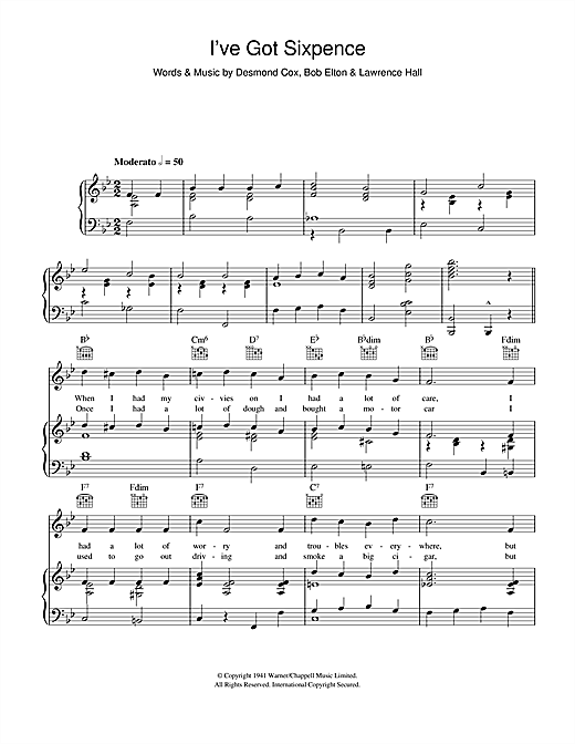 Learn to play Desmond Cox I've Got Sixpence sheet music for Piano, Vocal & Guitar (Right-Hand Melody) in minutes. Desmond Cox I've Got Sixpence sheet music notes and chords. Download Printable PDF.