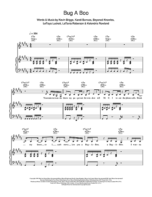 Learn to play Destiny's Child Bug A Boo sheet music for Piano, Vocal & Guitar Chords (Right-Hand Melody) in minutes. Price: 7.8900$ Destiny's Child Bug A Boo sheet music notes and chords arranged for Piano, Vocal & Guitar Chords (Right-Hand Melody)