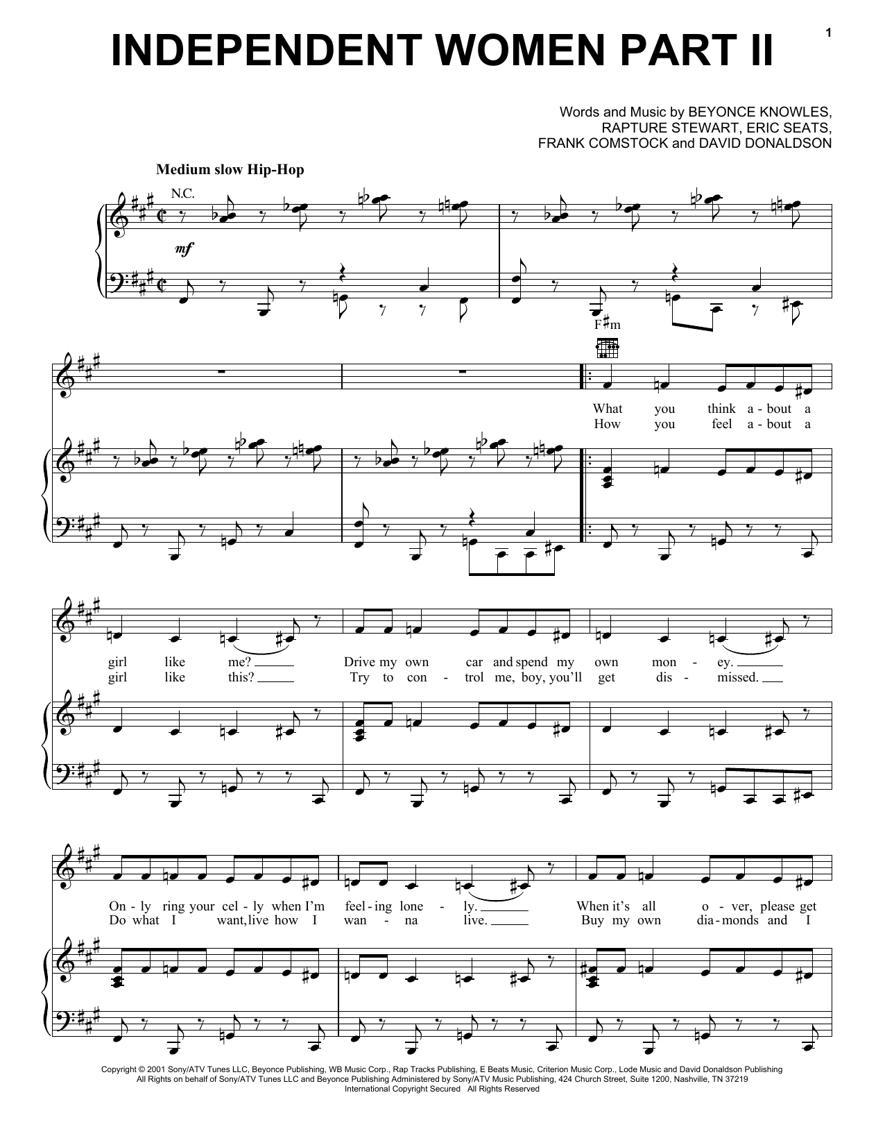 Learn to play Destiny's Child Independent Women Part II sheet music for Piano, Vocal & Guitar Chords (Right-Hand Melody) in minutes. Price: 7.8900$ Destiny's Child Independent Women Part II sheet music notes and chords arranged for Piano, Vocal & Guitar Chords (Right-Hand Melody)
