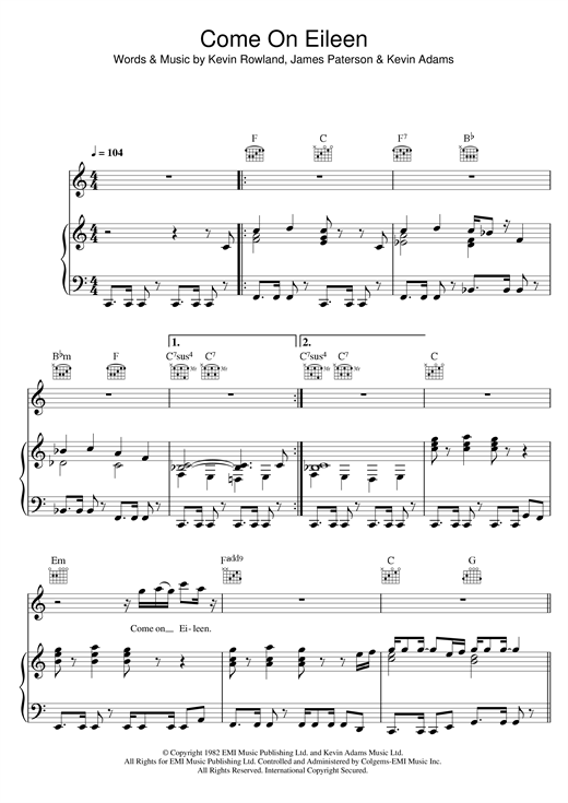 Dexy's Midnight Runners Come On Eileen sheet music notes and chords. Download Printable PDF.