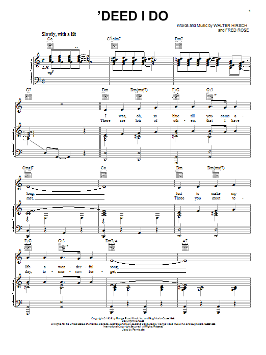 Preview Diana Krall 'Deed I Do Folk sheet music, notes and chords for Piano, Vocal & Guitar (Right-Hand Melody), SKU: 24651 sheet music, piano notes, chords, guitar tabs, score, transpose, transcribe, how to play, guide, download, learn, tutorial, progression, song, artist, awards, billboard, mtv, vh1, tour, single, album, release