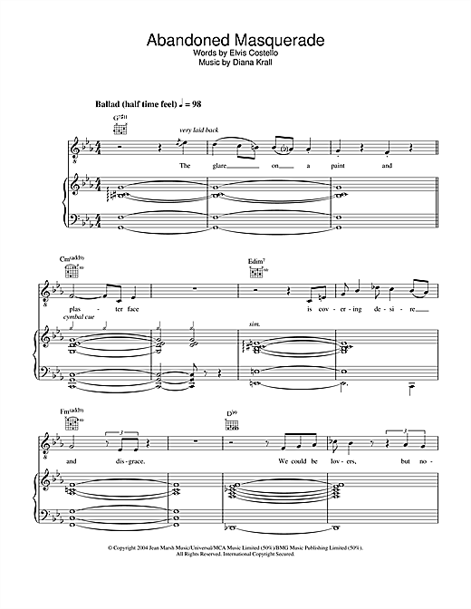 Diana Krall Abandoned Masquerade sheet music notes and chords. Download Printable PDF.