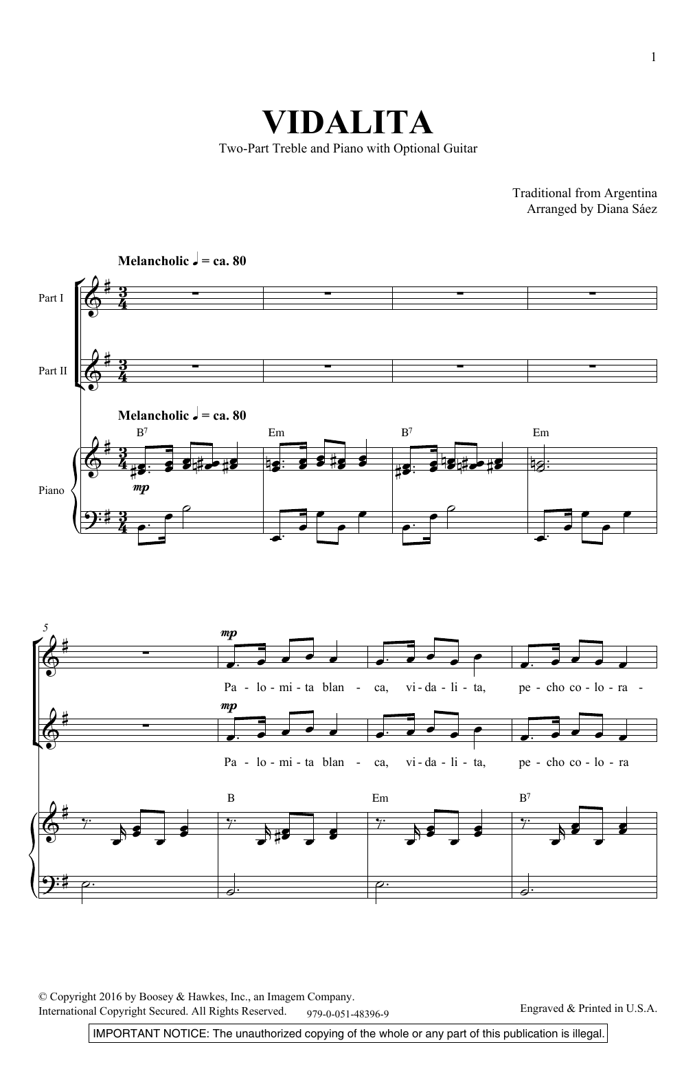 Diana Saez Vidalita sheet music notes and chords. Download Printable PDF.