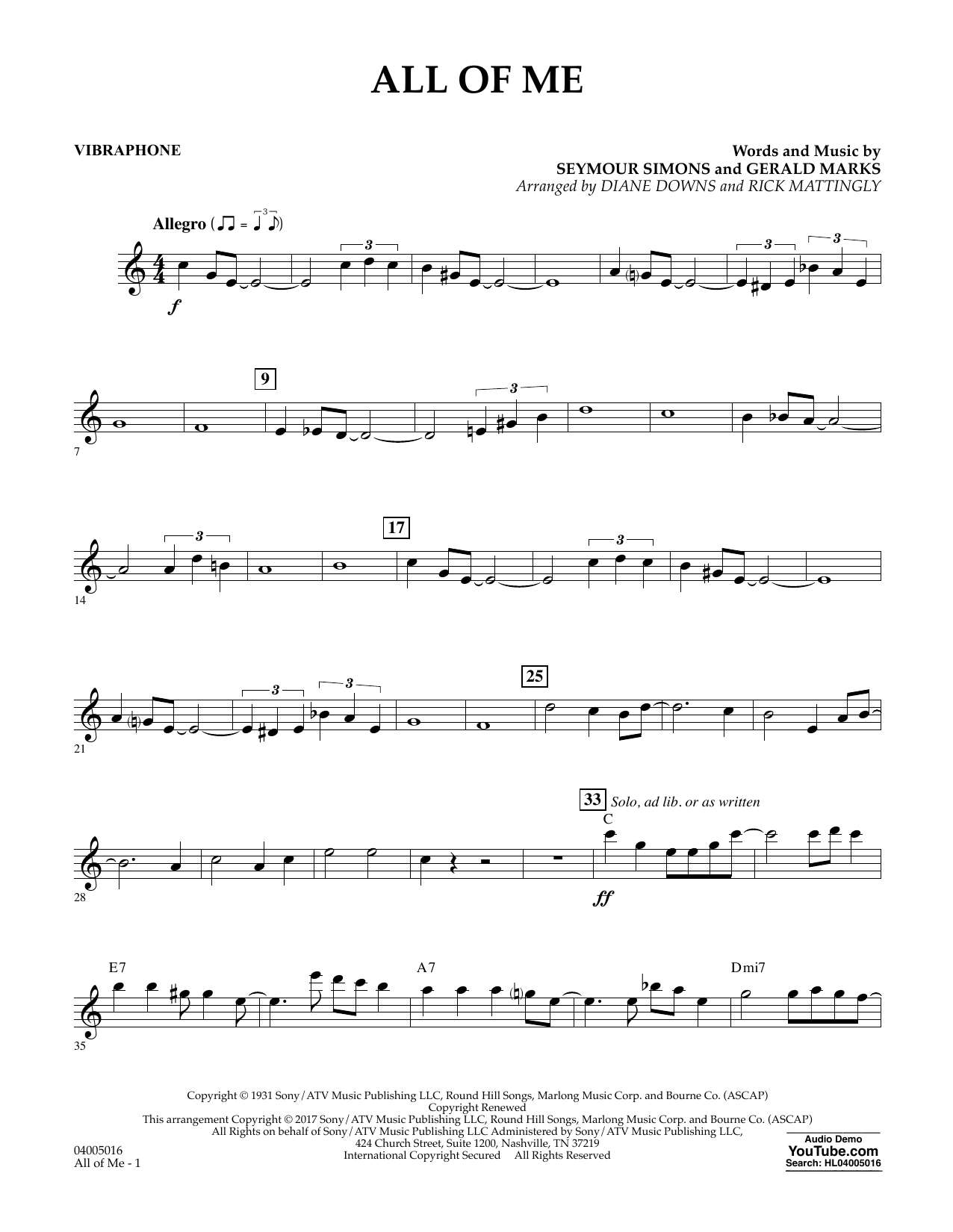 Diane Downs All Of Me Vibraphone Sheet Music Pdf Notes Chords Jazz Score Concert Band Download Printable Sku 361667