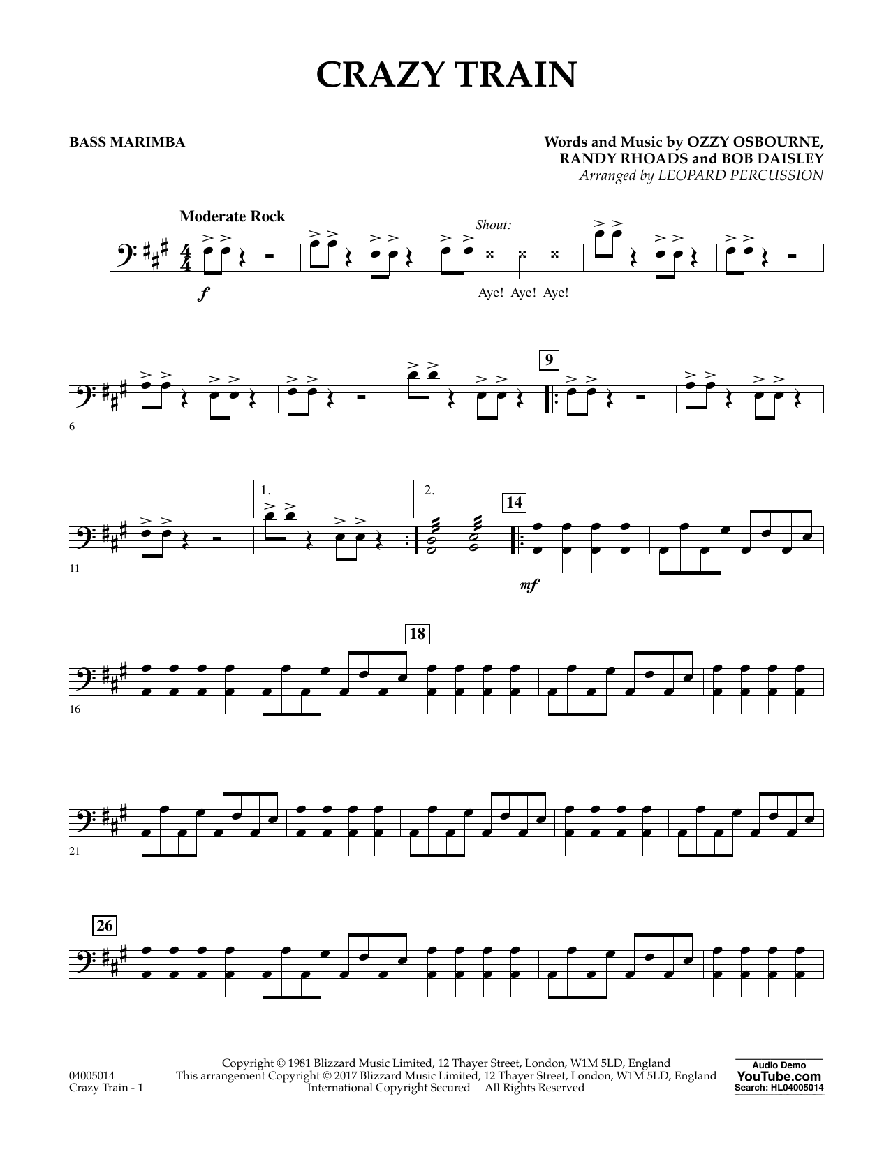 Diane Downs Crazy Train Bass Marimba Sheet Music Notes Chords Download Printable Pdf 361661 Score