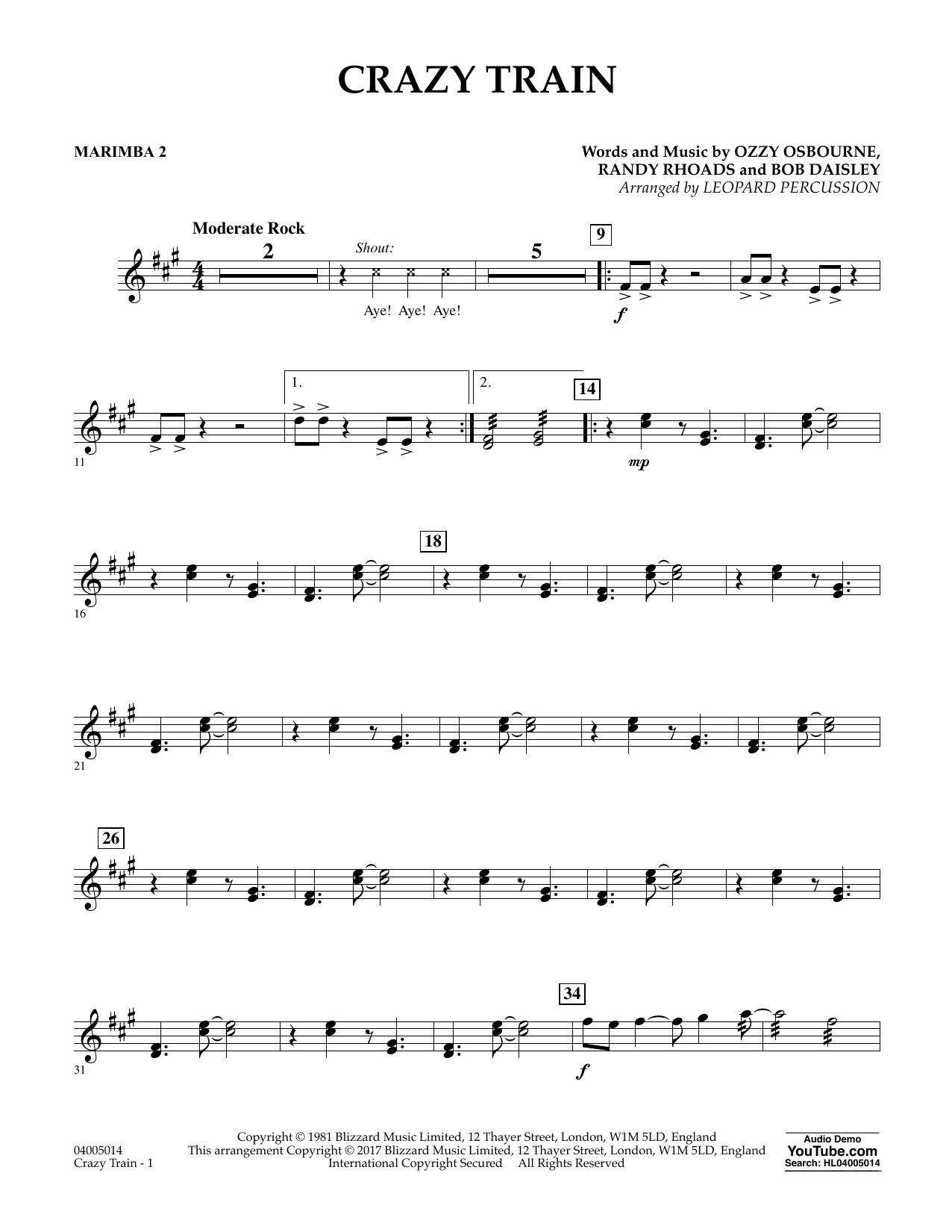 Diane Downs Crazy Train Marimba 2 Sheet Music Notes Chords Download Printable Pdf 361660 Score